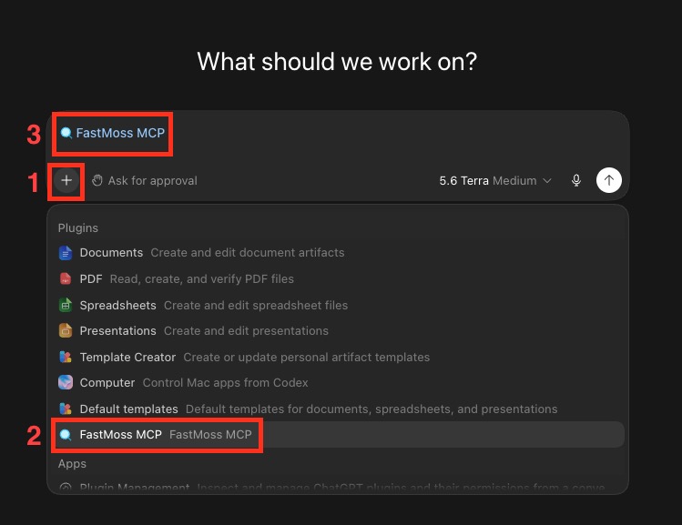 ChatGPT chat box — click +, choose FastMoss MCP from Plugins, and it appears above the input box